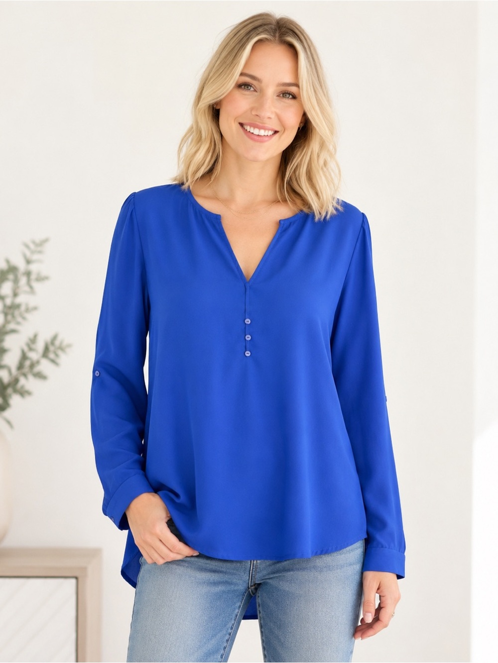 Women's Royal Blue V-Neck Button Front Blouse